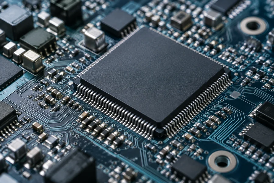 電子機器と半導体の事業領域を表す回路基板のイメージ
